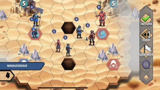 Abertura do Marauder Tech: Uma captura de tela do Hex Duel mostrando uma batalha ocorrendo no deserto com vários lutadores colocados ao redor de uma grade