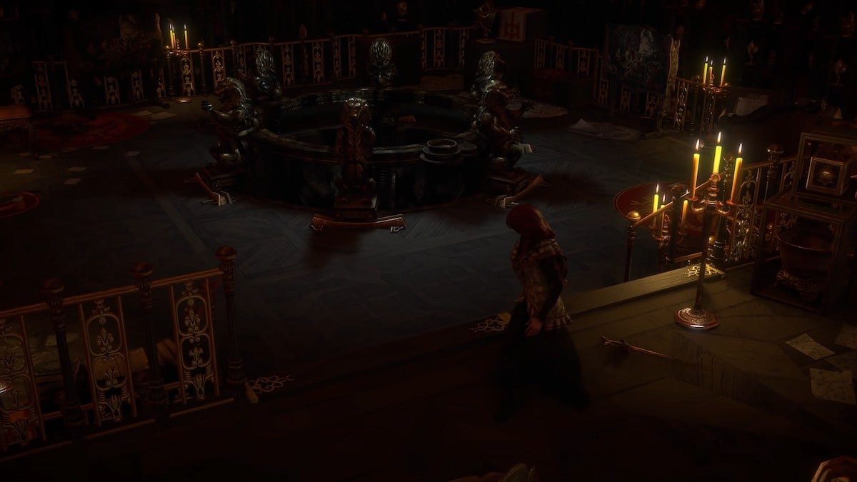 Uma cena do trailer de Siege of Atlas para Path of Exile, mostrando uma jovem em um quarto escuro jogando uma espada dourada.