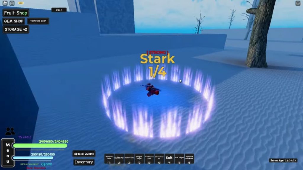 Roblox AOPG 1 4 Stark Dungeon Círculo Roxo Perto de Árvore Morta