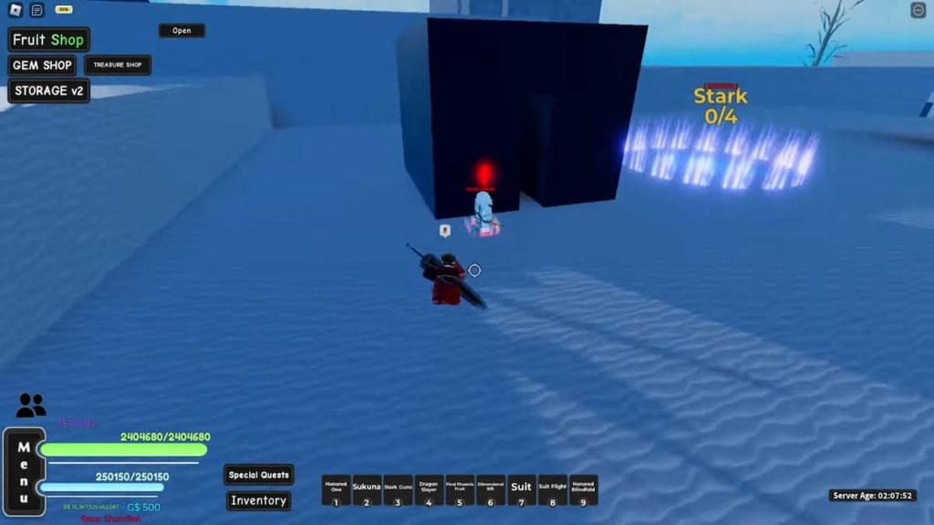 Roblox AOPG Inner Hollow NPC perto da estrutura do bloco escuro quadrado