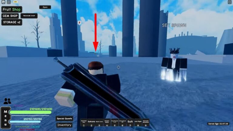 Roblox AOPG Set Spawn NPC Red Arrow Showing Location Of Dead Tree