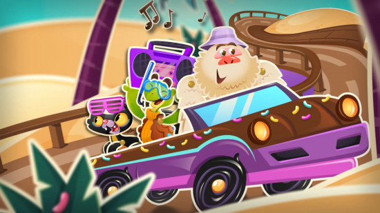 Captura de tela da entrevista do Candy Crush com personagens do jogo em um carro