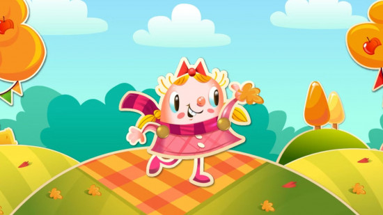 Captura de tela da entrevista do Candy Crush com Tiffi em pé em uma cesta de piquenique