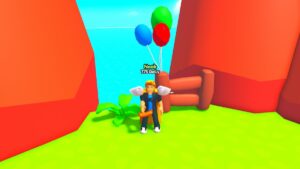 Roblox Hotdog Eating Simulator Standing Near Wooden Fence And Three Balloons Red Blue Green