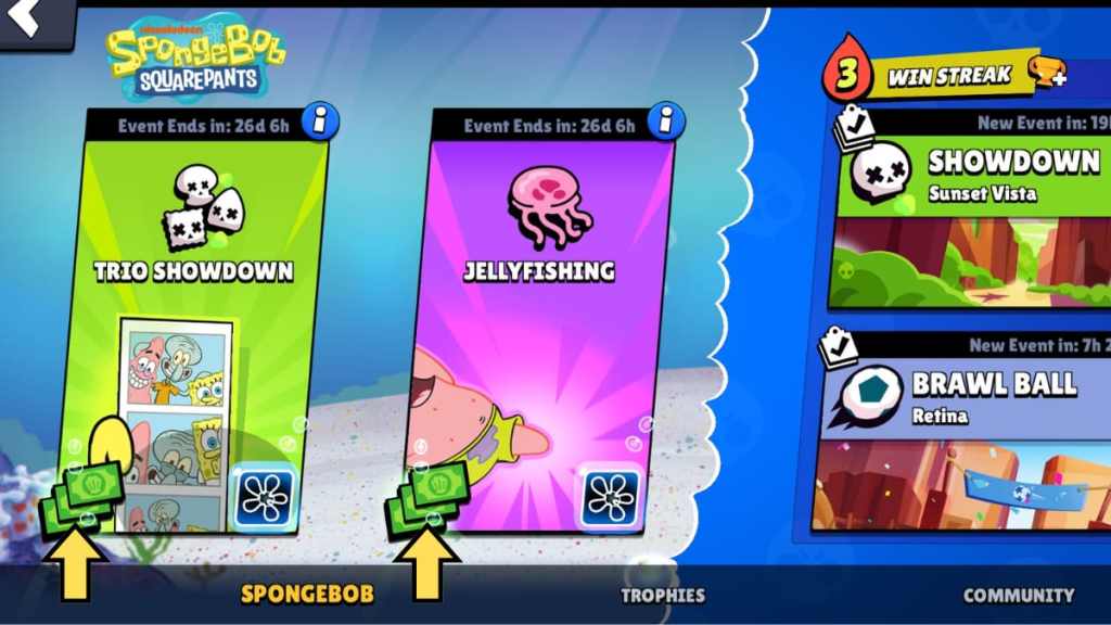 Um pequeno ícone de Krusty Cash nas páginas de eventos Trio Showdown e Jellyfishing no Brawl Stars