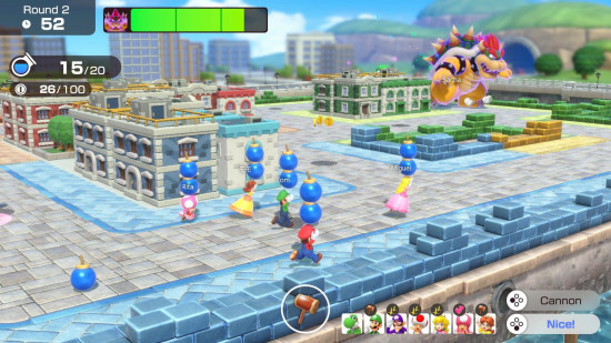 Prévia do Super Mario Party Jamboree - personagens segurando bombas enquanto correm pela cidade