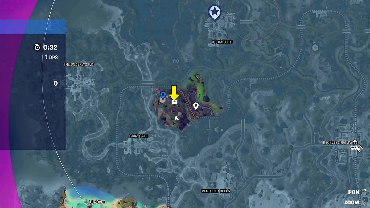 Mapa do Fortnite mostrando a localização do NPC do Homem de Ferro