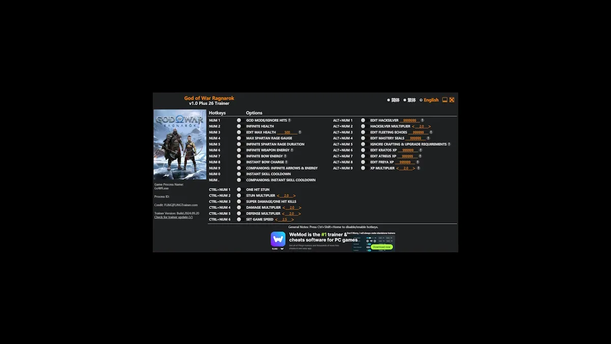 Janela do treinador de God of War Ragnarok.