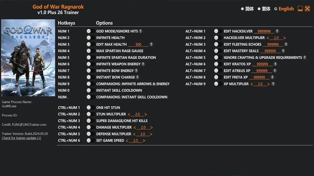 A janela do treinador para God of War Ragnarok.