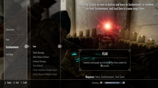 Menu encantador de Skyrim mostrando o encantamento do medo com vários outros itens de menu espalhados.