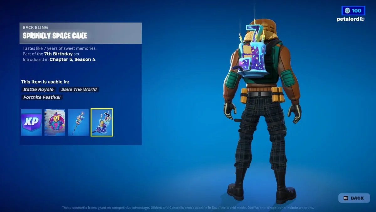 Fortnite 7º aniversário recompensa Sprinkly Space Cake Back Bling