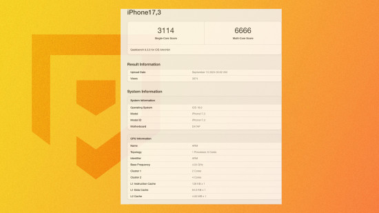 Benchmark do iPhone 16: Uma imagem do iPhone 16 Geekbench.