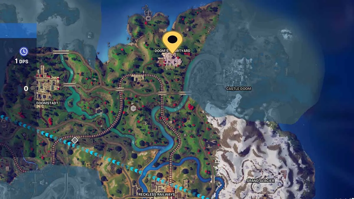 Mapa do Fortnite indicando o Pátio do Destino