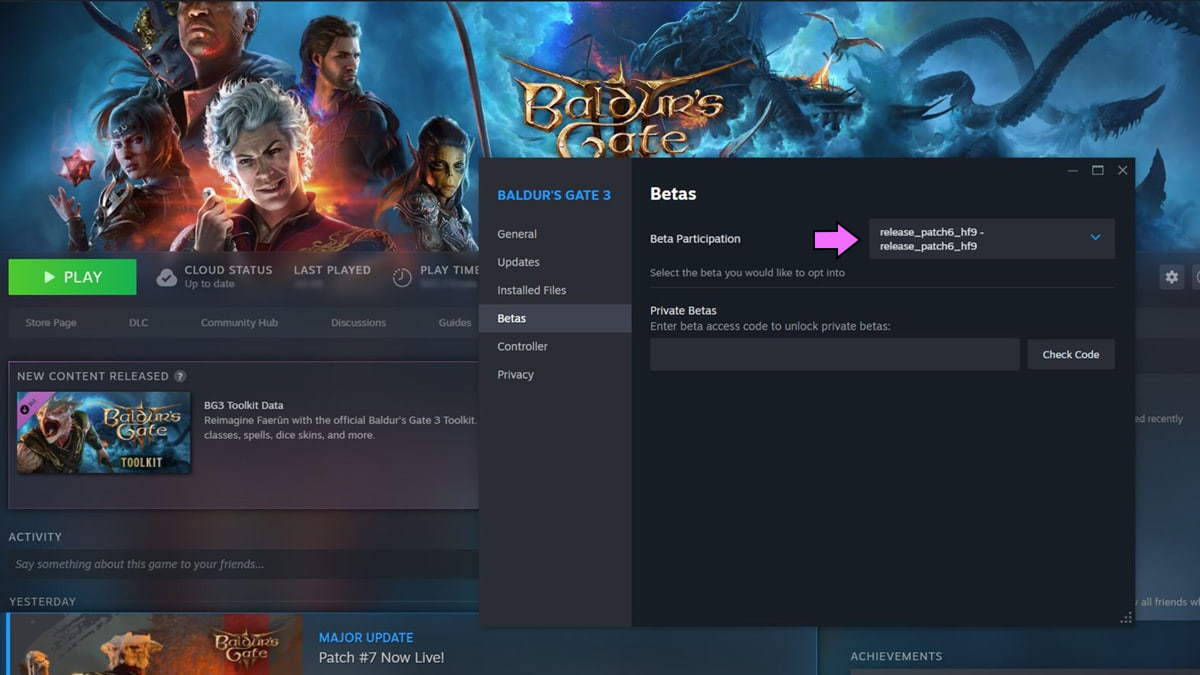 Menu de propriedades do Baldur's Gate 3 no Steam