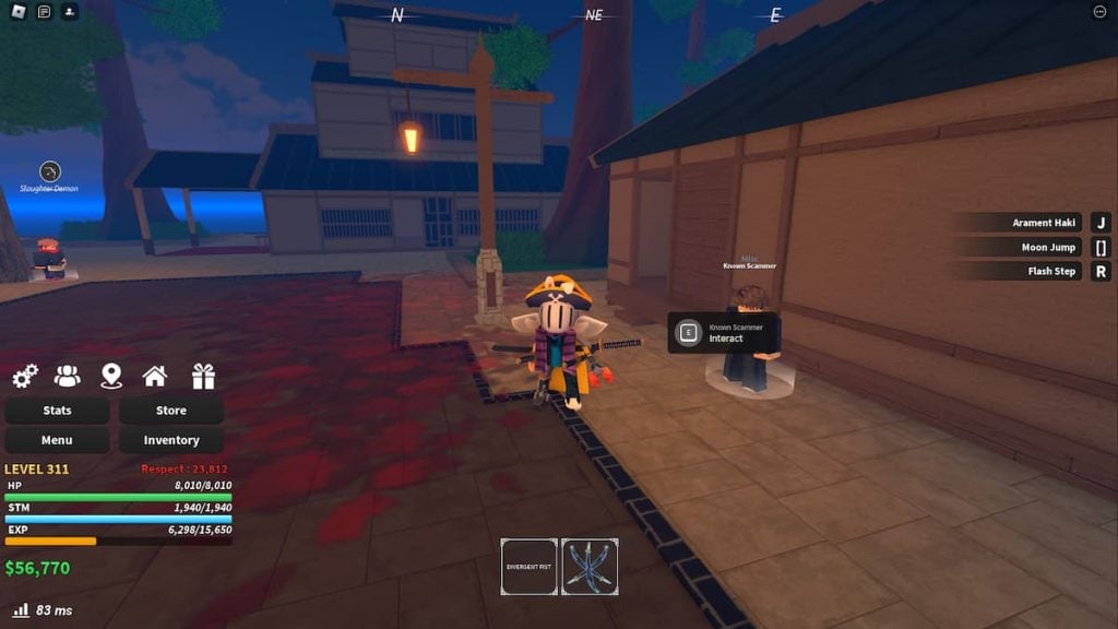 Roblox Jujutsu Piece conhecido NPC golpista parado perto do prédio