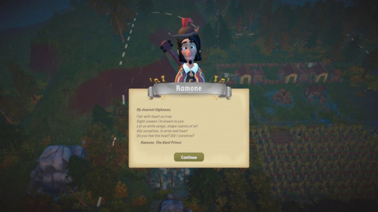 Crítica de Fabledom: Uma captura de tela de um poema de Ramone the Bard Prince em Fabledom no Switch