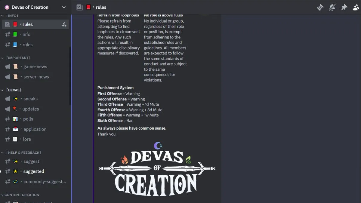 Canal Discord #regras Devas of Creation