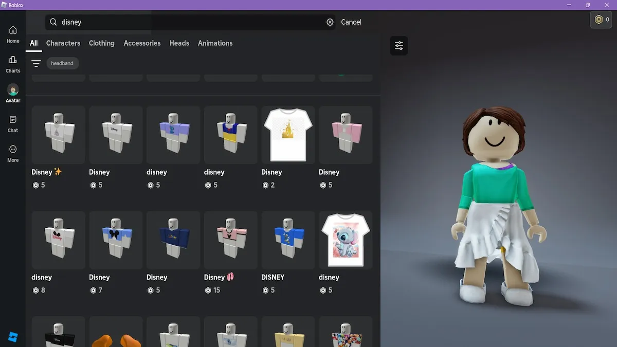 Itens da Disney no Roblox Marketplace.