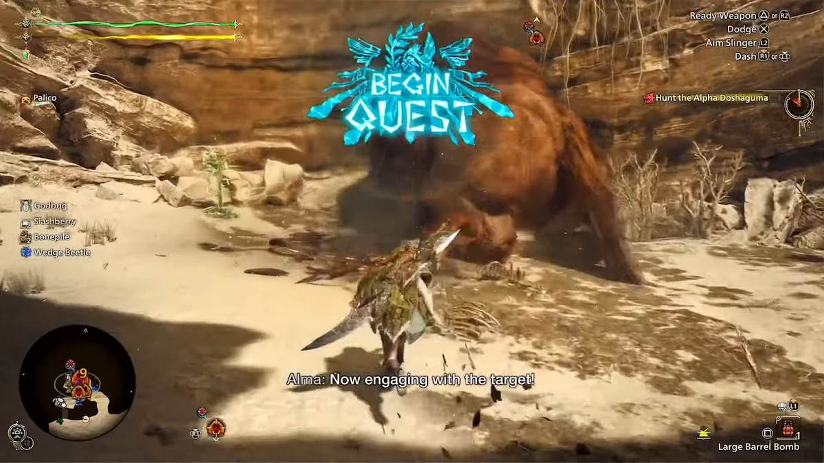 Uma missão de caça a monstros que começa em Monster Hunter Wilds jogando um barril em um monstro.