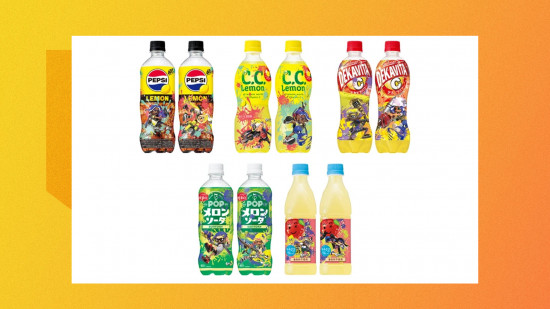 Splatoon 3 Suntory: Uma imagem das garrafas pintadas da colaboração.