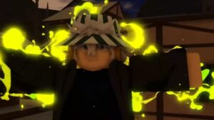 A dynamic in-game scene from the Roblox experience ‘Anime Last Stand’ featuring a character modeled after Kisuke Urahara from the anime/manga Bleach. The character is depicted with glowing yellow energy swirling around, suggesting the use of a powerful ability or attack. The setting appears to be at night with traditional Japanese architecture in the background, adding to the immersive atmosphere of the game.