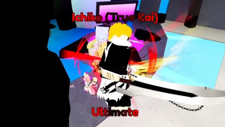 A screenshot from the Roblox experience ‘Anime Last Stand’ featuring a character named Ichiko (True Kai) in an action pose with a glowing sword. The word ‘Ultimate’ is prominently displayed, indicating the units rarity'