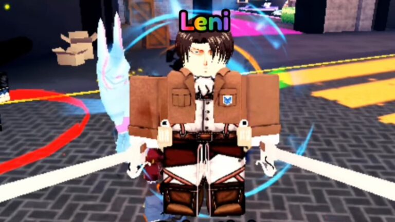 A Roblox character named Leni, inspired by Levi Ackerman from the Attack on Titan anime/manga, is featured prominently in the center of an animated game scene. The character has short, dark hair and is dressed in a brown jacket with a white shirt underneath, a brown sash around the waist, and white pants tucked into tall brown boots. Two swords are attached to the sides of the character’s hips, resembling the gear used by characters in Attack on Titan for mobility and combat. Behind Leni, there is a glowing blue circular aura that adds to the dynamic feel of the scene. The background includes other Roblox characters and colorful visual effects that suggest an action-packed environment within the Anime Last Stand experience on Roblox.”