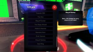 A screenshot from the Roblox experience ‘Anime Last Stand’ featuring a user interface with a list of titles such as ‘Capsule CEO,’ ‘The One,’ ‘King of Curses,’ and others, against a backdrop of a neon-lit virtual cityscape at night. A highlighted title on the right reads ‘King of Quincy’ with a description below stating, ‘Gives +15% Damage for every player in your team!’ indicating an in-game perk or status boost.