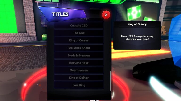 A screenshot from the Roblox experience ‘Anime Last Stand’ featuring a user interface with a list of titles such as ‘Capsule CEO,’ ‘The One,’ ‘King of Curses,’ and others, against a backdrop of a neon-lit virtual cityscape at night. A highlighted title on the right reads ‘King of Quincy’ with a description below stating, ‘Gives +15% Damage for every player in your team!’ indicating an in-game perk or status boost.