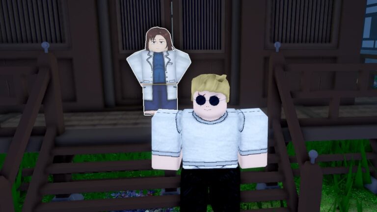 A screenshot from the Roblox game ‘Roblox Sorcery’ featuring two avatars in front of a traditional wooden house with a dark brown exterior and white-framed windows. The foreground shows an avatar with blonde hair, sunglasses, and a white shirt with rolled-up sleeves standing confidently. Behind this character is another avatar with brown hair, wearing a formal white shirt and black pants, appearing to be in a stance of readiness or anticipation.