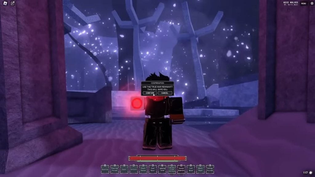 Uma captura de tela da experiência Roblox 'Roblox Sorcery' apresentando um personagem do jogador em um ambiente místico. O cenário inclui imponentes pilares de pedra e arcos com runas azuis brilhantes, rodeados por partículas brancas flutuantes que sugerem uma atmosfera mágica. No centro, há um grande cristal vermelho emissor de luz, colocado sobre uma estrutura semelhante a um altar. O personagem do jogador está vestido com um traje escuro com olhos vermelhos brilhantes, de costas para o ponto de vista em direção ao cristal. O HUD na parte inferior exibe várias opções de jogo e status de saúde.