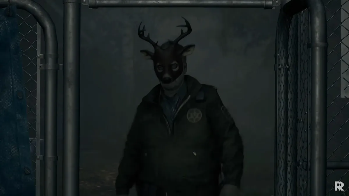 Oficial com máscara de cervo em Alan Wake 2.