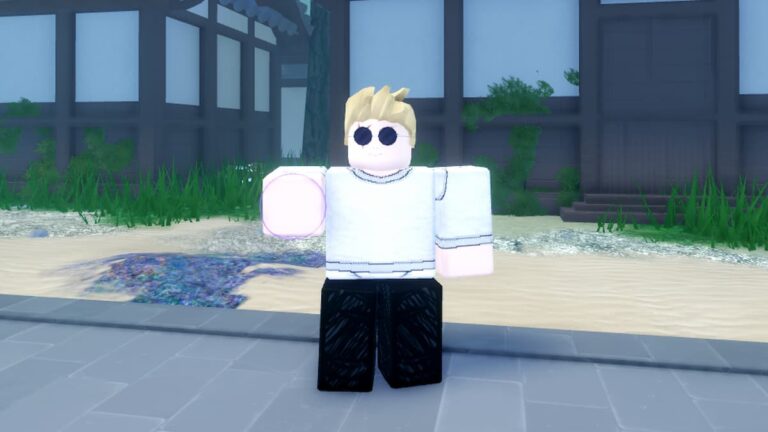 A character with blonde spiky hair and sunglasses stands in a virtual world with traditional wooden structures and a sandy path. The character is holding a pink glowing orb, suggesting magical elements in the game Roblox Sorcery.