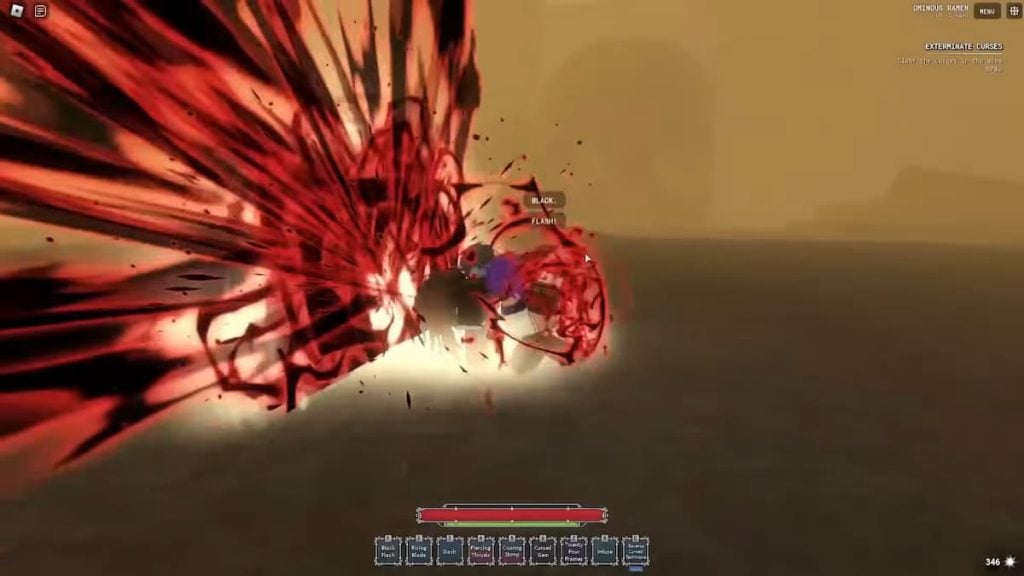 Uma cena de ação dinâmica no jogo Roblox Sorcery apresentando um personagem lançando um poderoso ataque de energia vermelha e preta com efeitos visuais explosivos contra um cenário de céu escuro.