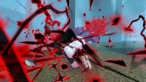 A dynamic scene from the Roblox game ‘Roblox Sorcery’ featuring an avatar with red hair and white clothing amidst dramatic black and red lightning splatter effects, suggesting intense skill action.