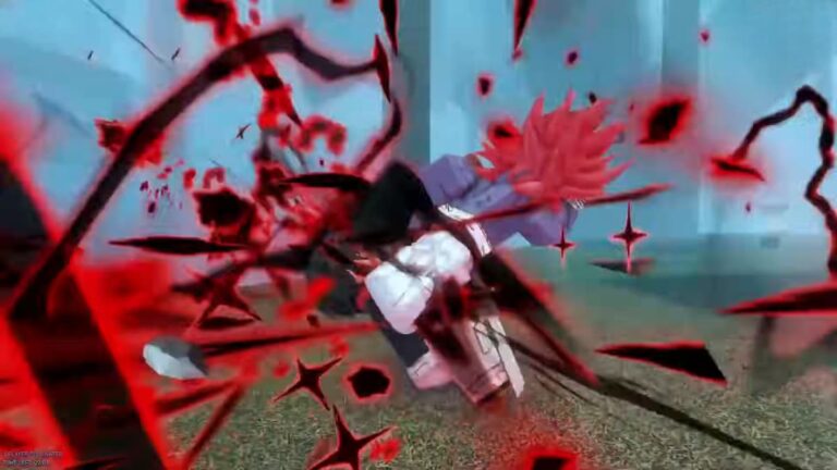 A dynamic scene from the Roblox game ‘Roblox Sorcery’ featuring an avatar with red hair and white clothing amidst dramatic black and red lightning splatter effects, suggesting intense skill action.