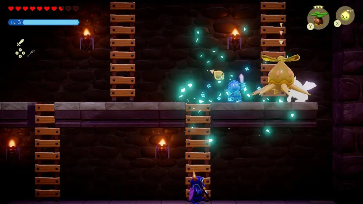 Lutando contra monstros inimigos em uma caverna em Echoes of Wisdom