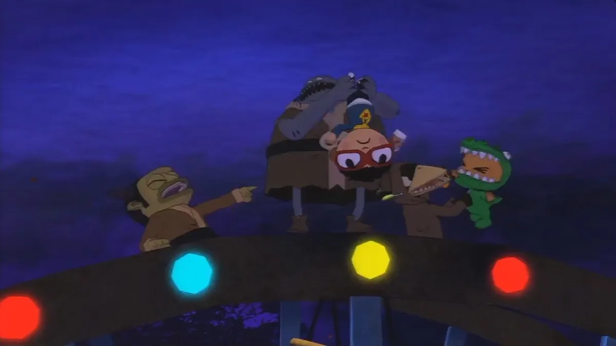 Crianças em cima da roda gigante em Costume Quest.