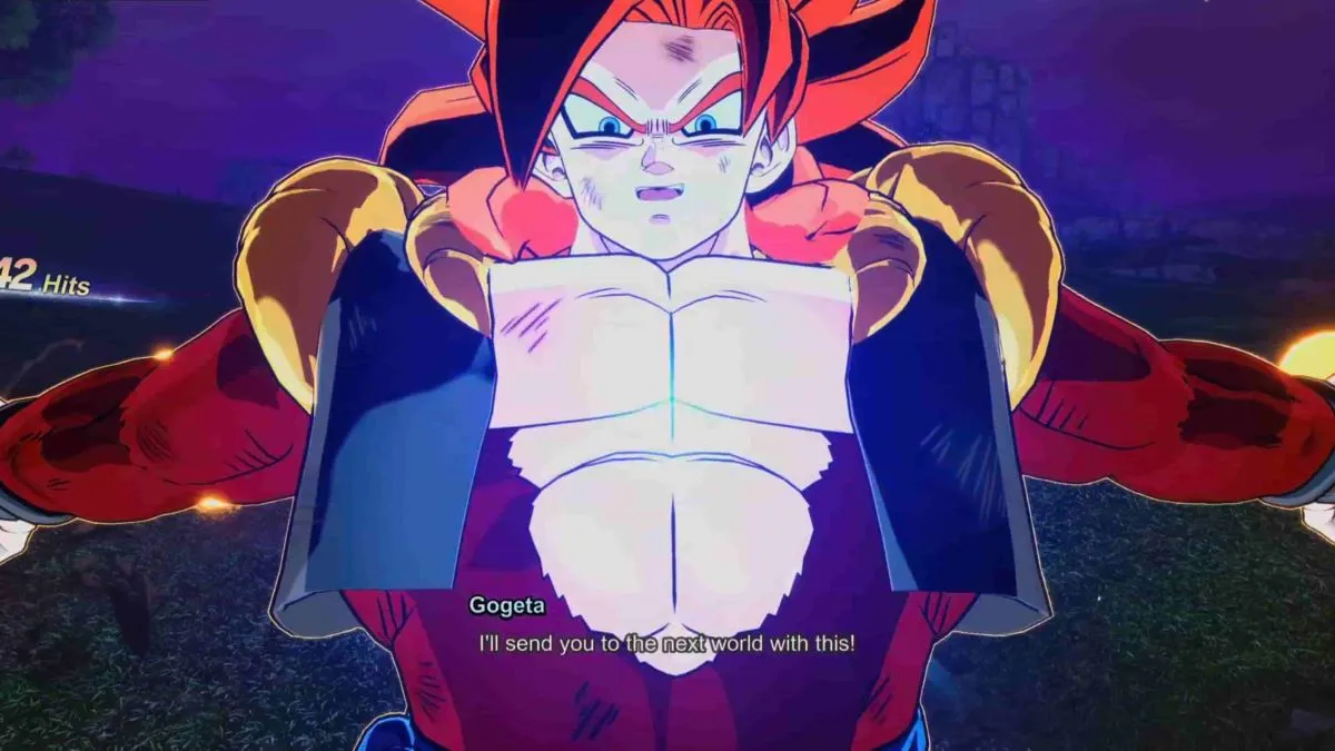 Super Saiyan 4 Gogeta prepara um ataque em Dragon Ball Sparking Zero.