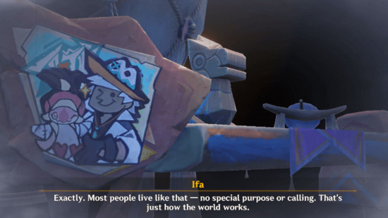 Uma captura de tela do jogo mostrando Ifa de Genshin Impact conversando com uma placa de madeira mostrando um retrato de desenho animado de um homem de cabelos brancos e um sauriano, suspeito de ser Ifa