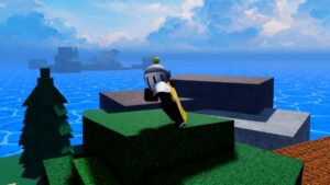 Roblox Verse Piece Standing On Tree Leaning Forward With Ocean And Islands Behind