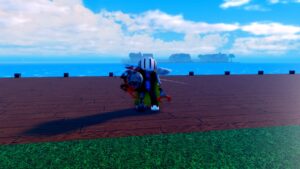 A vibrant Roblox character stands on a wooden dock with lush green grass at the edge. The character is adorned with colorful clothing and accessories, including a distinctive hat and cape. In the background, calm blue waters stretch to the horizon where distant landmasses can be seen under a clear sky.