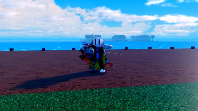 A vibrant Roblox character stands on a wooden dock with lush green grass at the edge. The character is adorned with colorful clothing and accessories, including a distinctive hat and cape. In the background, calm blue waters stretch to the horizon where distant landmasses can be seen under a clear sky.