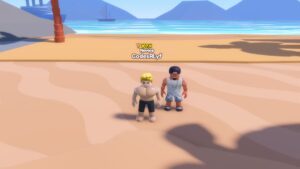 Roblox Gym Star Simulator Standing On Beach With Personal Trainer Wearing A Cap