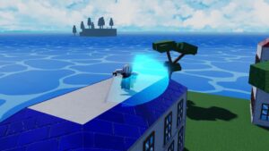 A character with a white and blue outfit stands on the rooftop of a blue building in the Roblox experience ‘Muyong Piece’. The character appears to be preparing to launch an energy beam from their sword, aiming towards the ocean where islands are visible in the distance. The scene is set under a clear sky with a few clouds, and another building with a red roof is partially visible