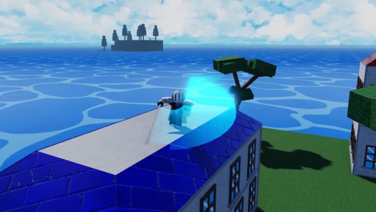 A character with a white and blue outfit stands on the rooftop of a blue building in the Roblox experience ‘Muyong Piece’. The character appears to be preparing to launch an energy beam from their sword, aiming towards the ocean where islands are visible in the distance. The scene is set under a clear sky with a few clouds, and another building with a red roof is partially visible