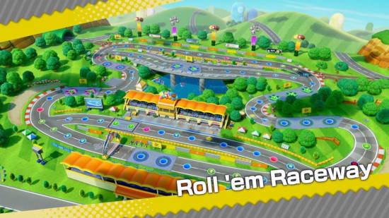 Placas do Mario Party Jamboree: uma captura de tela da tela de abertura do Roll 'em Raceway