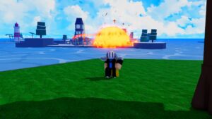 Roblox Obito Piece Standing Near Tree With Explosion In Background