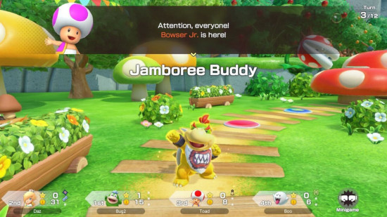 Personagens do Mario Party Jamboree: uma captura de tela de Bowser Jr como um Jamboree Buddy aparecendo no tabuleiro Tree Party de Mega Wiggler