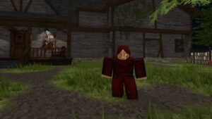 Roblox Consime Outside A Farm House With Red Robed Avatar